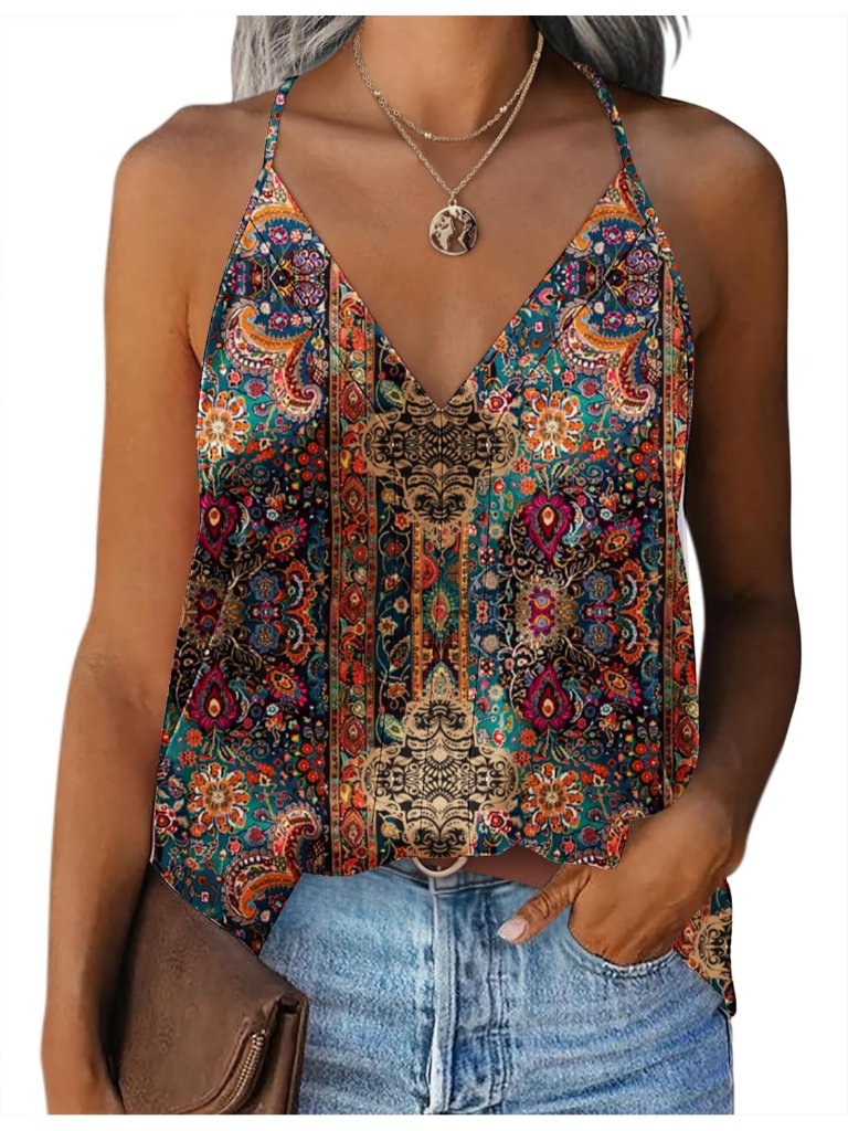 Women's Multicolour Sleeveless V Neck Silk Satin Causal Pull On Blouse Tank Tops